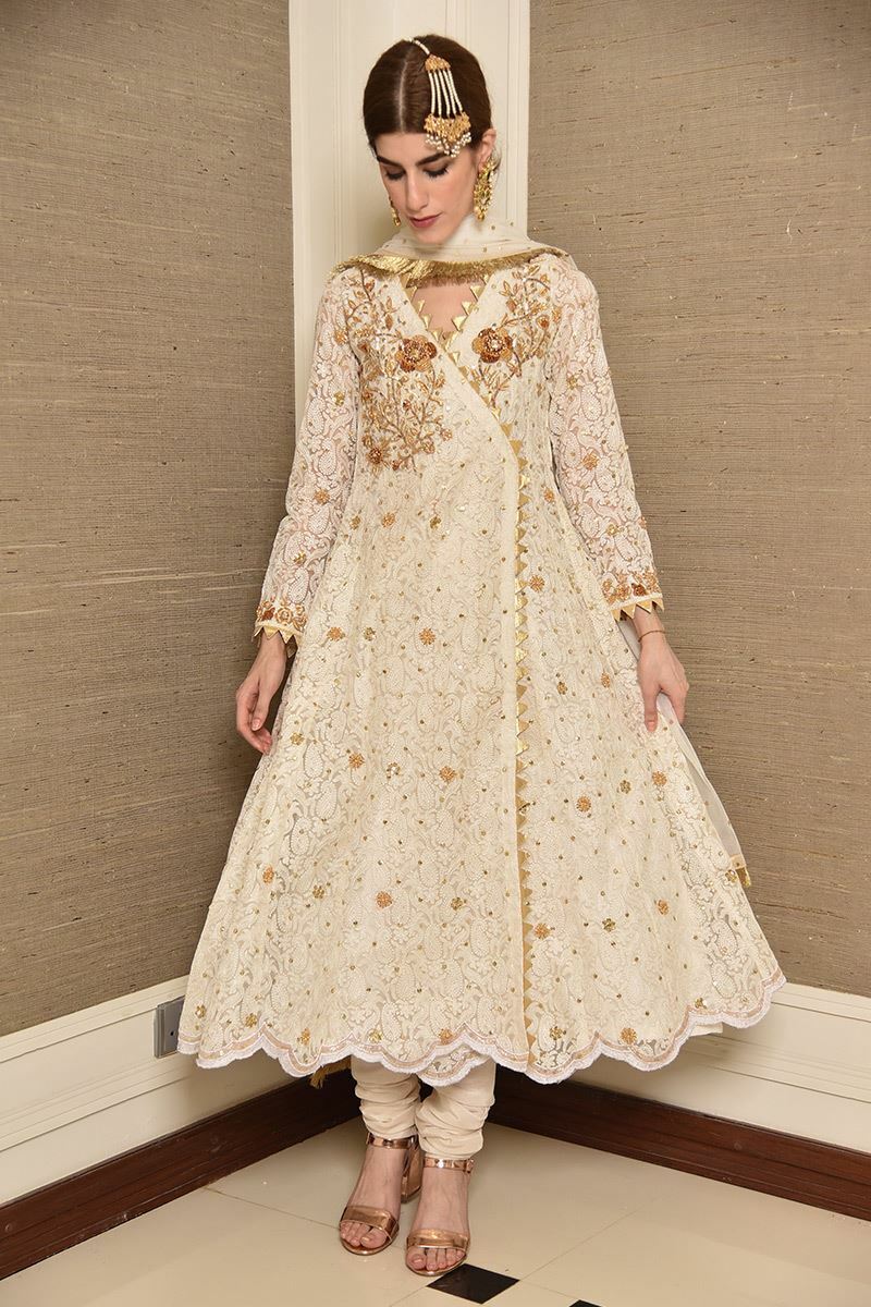 White Attire Angarkha and Dupatta With Pants