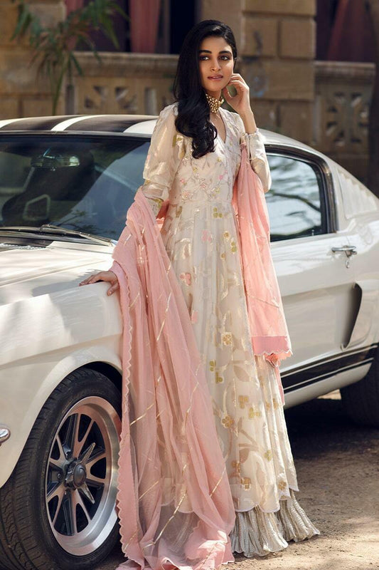Floral White Anarkali and Dupatta With Pants