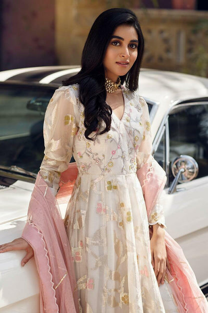 Floral White Anarkali and Dupatta With Pants