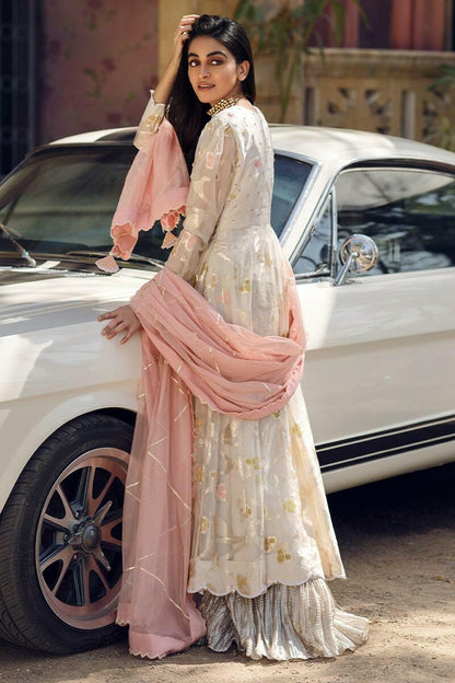 Floral White Anarkali and Dupatta With Pants