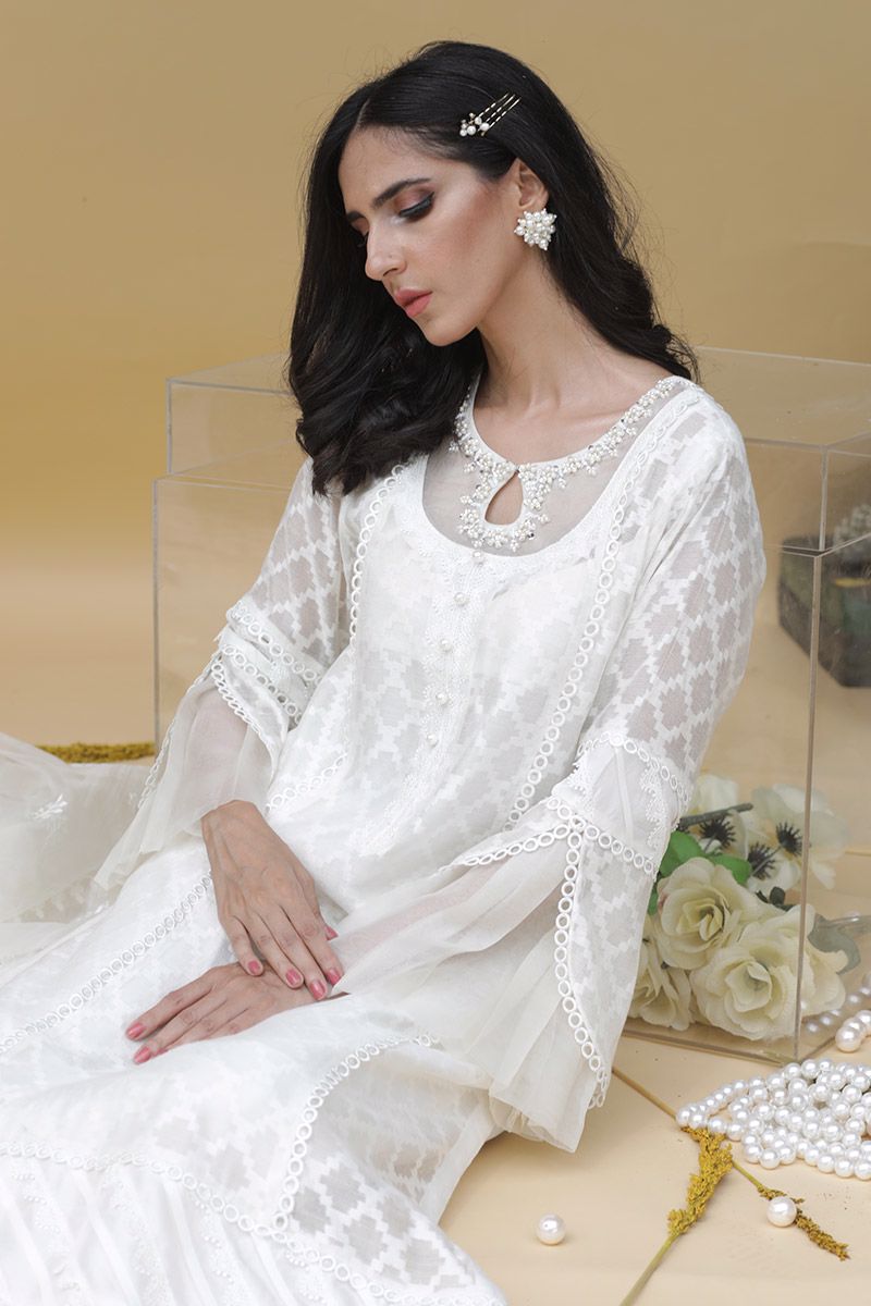 White shadow Shirt and Dupatta With Pants