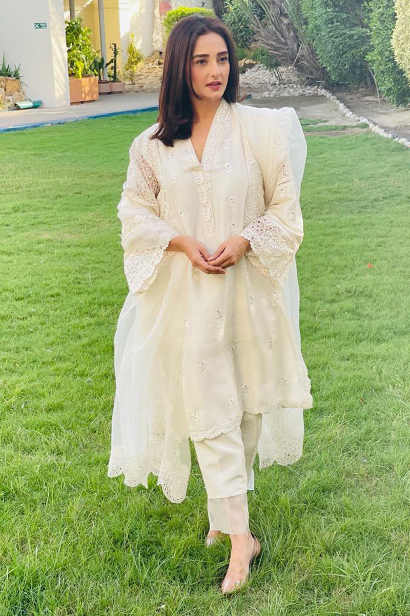 White Bird Shirt and Dupatta With Pants