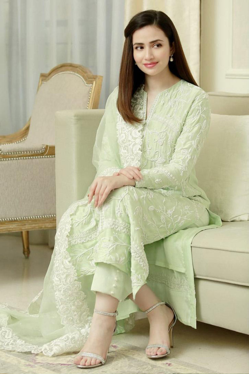 Green Bouquet Shirt and Dupatta With Pants