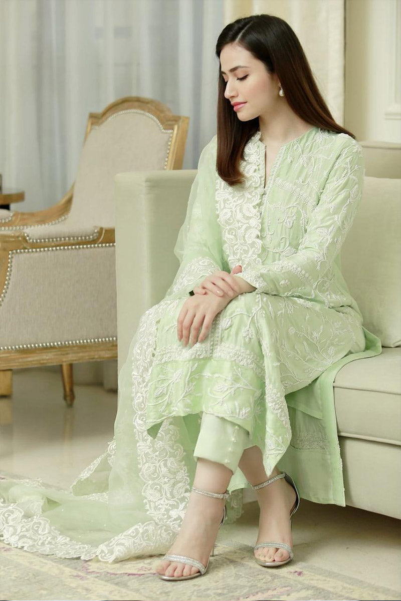 Green Bouquet Shirt and Dupatta With Pants